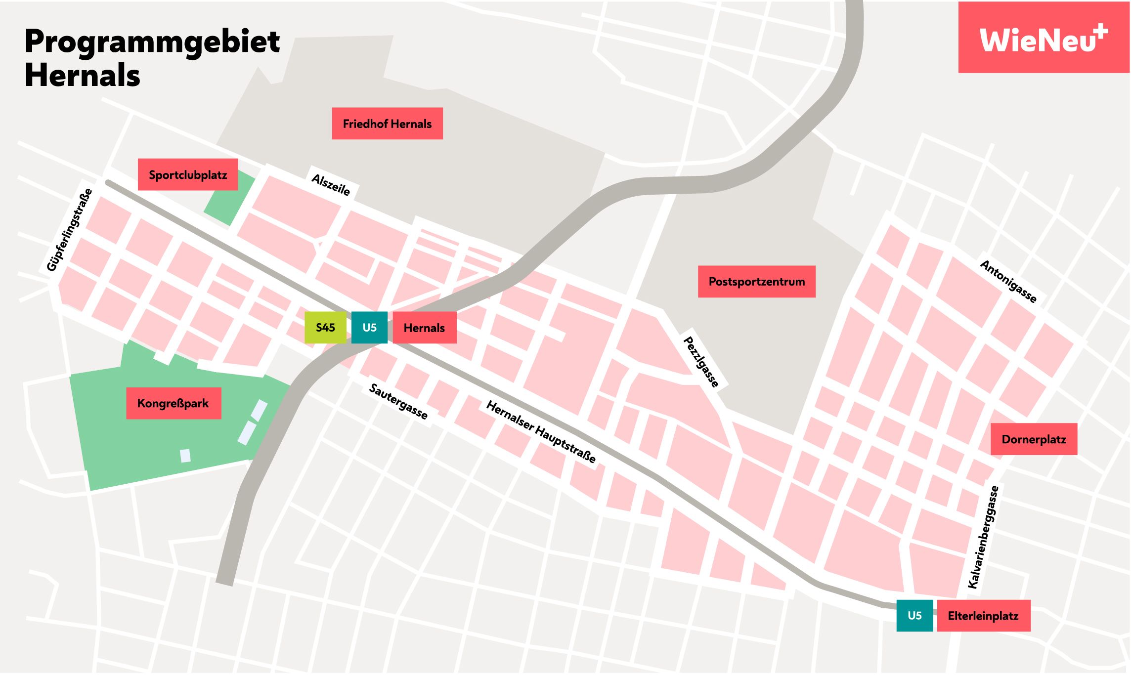 Gebietsbegrenzung des WieNeu+ Programmgebiets in Hernals. Dieses erstreckt sich westlich des Elterleinplatzes bis zur Güpferlingstraße.