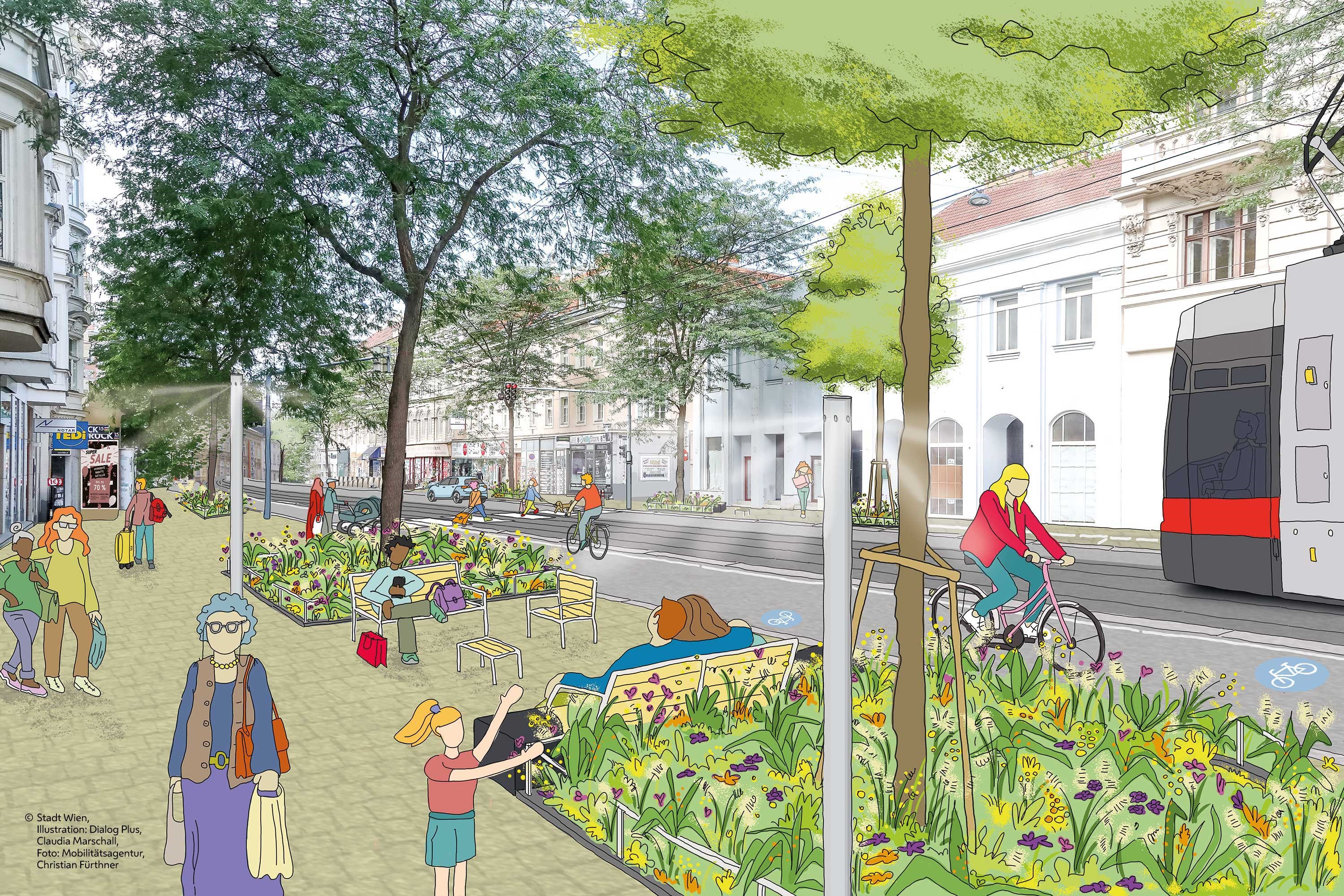 Illustration der Äußeren Mariahilfer Straße neu (Copyright: Stadt Wien, Illustration: Dialog Plus, Claudia Marschall, Foto: Mobilitätsagentur, Christian Fürthner)