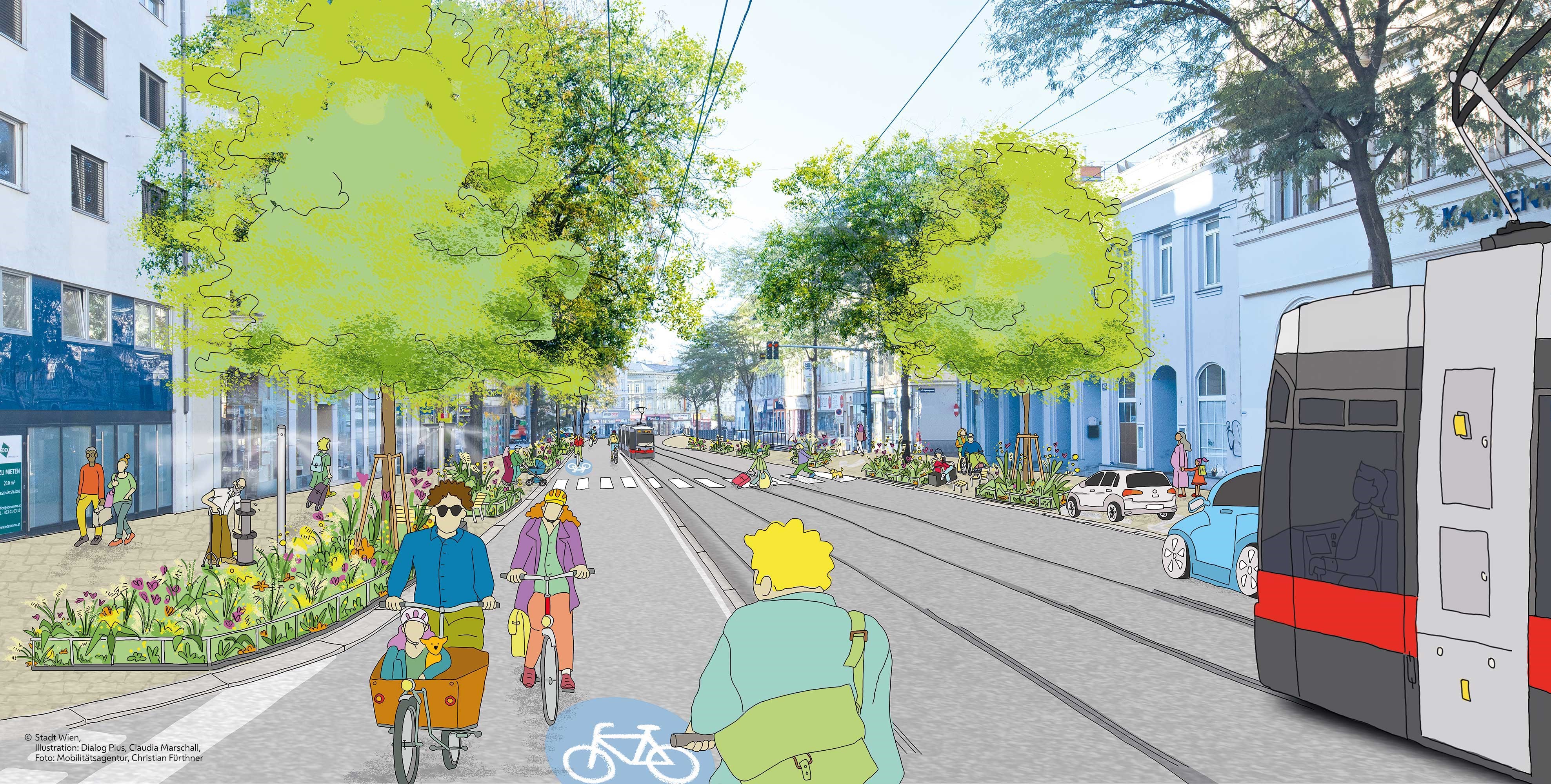 Illustration der Äußeren Mariahilfer Straße neu (Copyright: Stadt Wien, Illustration: Dialog Plus, Claudia Marschall, Foto: Mobilitätsagentur, Christian Fürthner)
