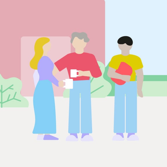 Drei illustrierte Personen stehen zusammen und unterhalten sich.