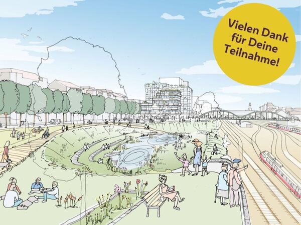 Zeichnung, auf der Menschen im Park dargestellt sind