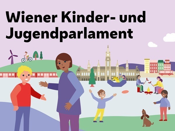 Kinder und Jugendliche, die miteinander spielen und reden. Im Hintergrund sind das Rathaus, ein Wohngebäude und die U-Bahn