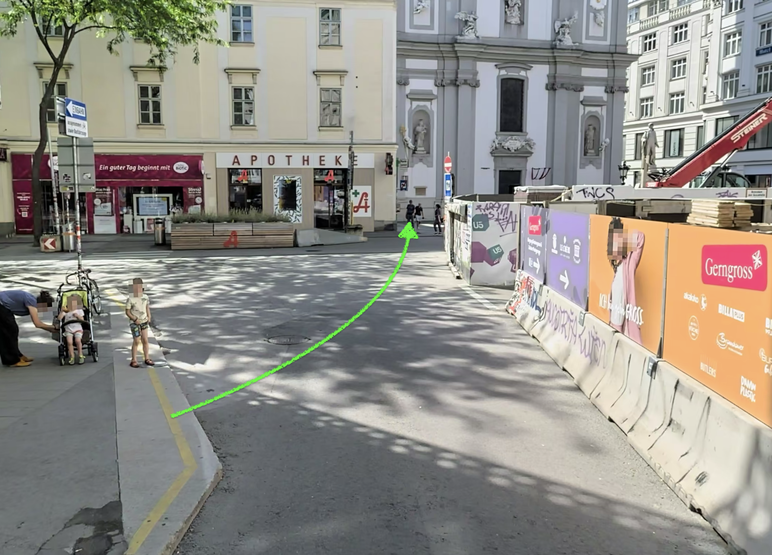 Screenshot aus Apple Maps welcher zeigt, wie man vom Gehsteig Kirchengasse aus die Mariahilfer Straße kreuzt.